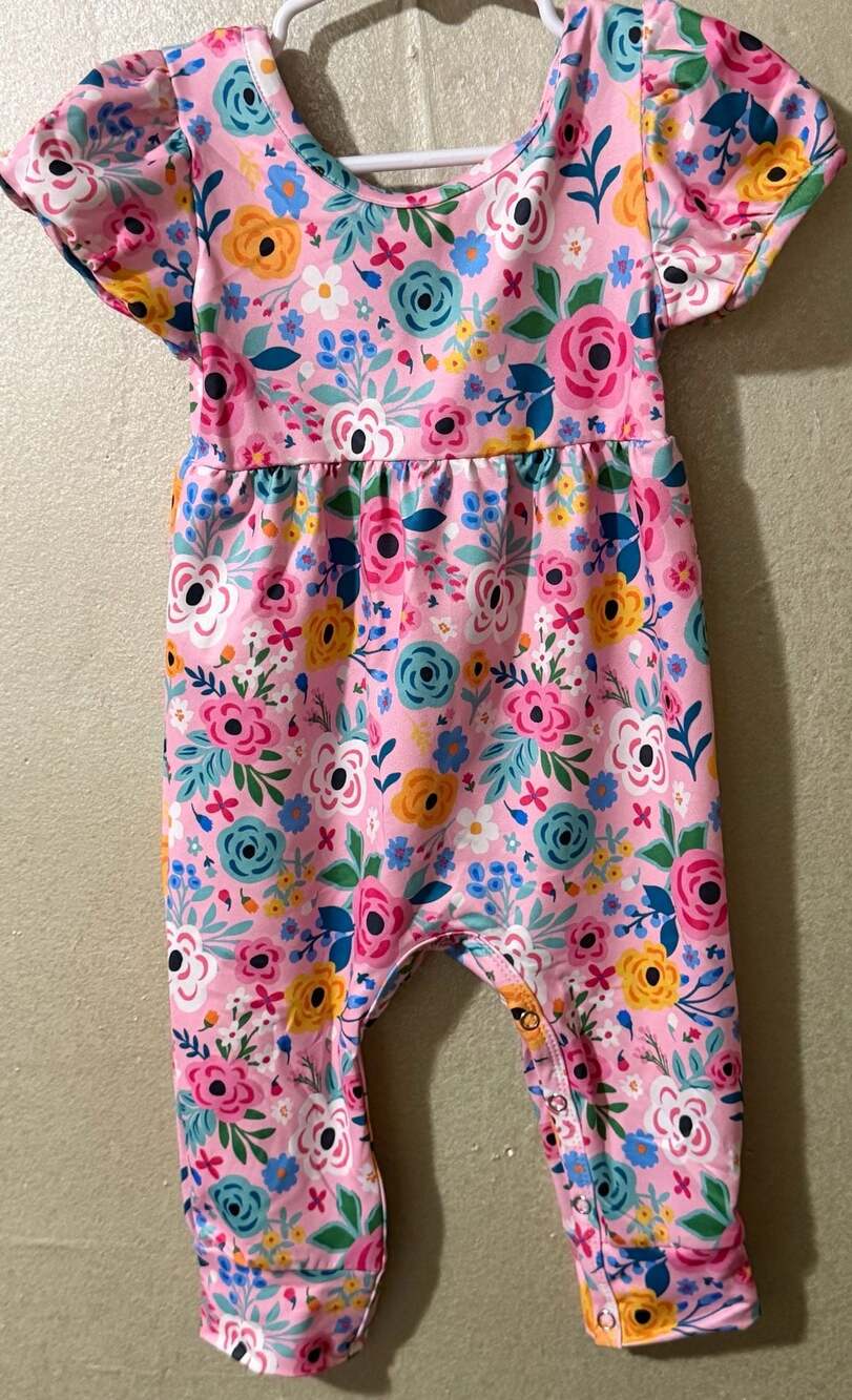 Pete + Lucy Pink Floral Print Puffed Sleeve Bodysuit Romper 6-9 months